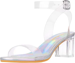 Heels Charm Women's Strappy Clear Chunky Clear Block Low Heeled Sandals 2 Inches Open Toe Ankle Strap High Heel Dress Sandals Daily Work Party Sandal Shoes