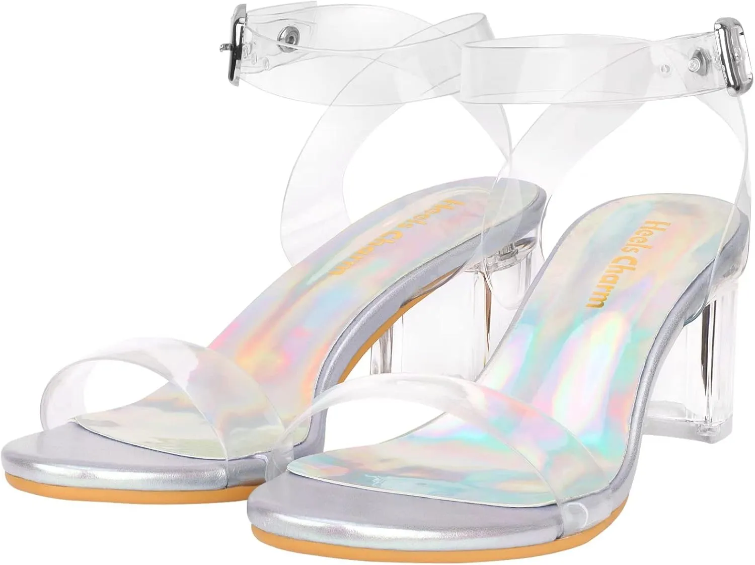 Heels Charm Women's Strappy Clear Chunky Clear Block Low Heeled Sandals 2 Inches Open Toe Ankle Strap High Heel Dress Sandals Daily Work Party Sandal Shoes
