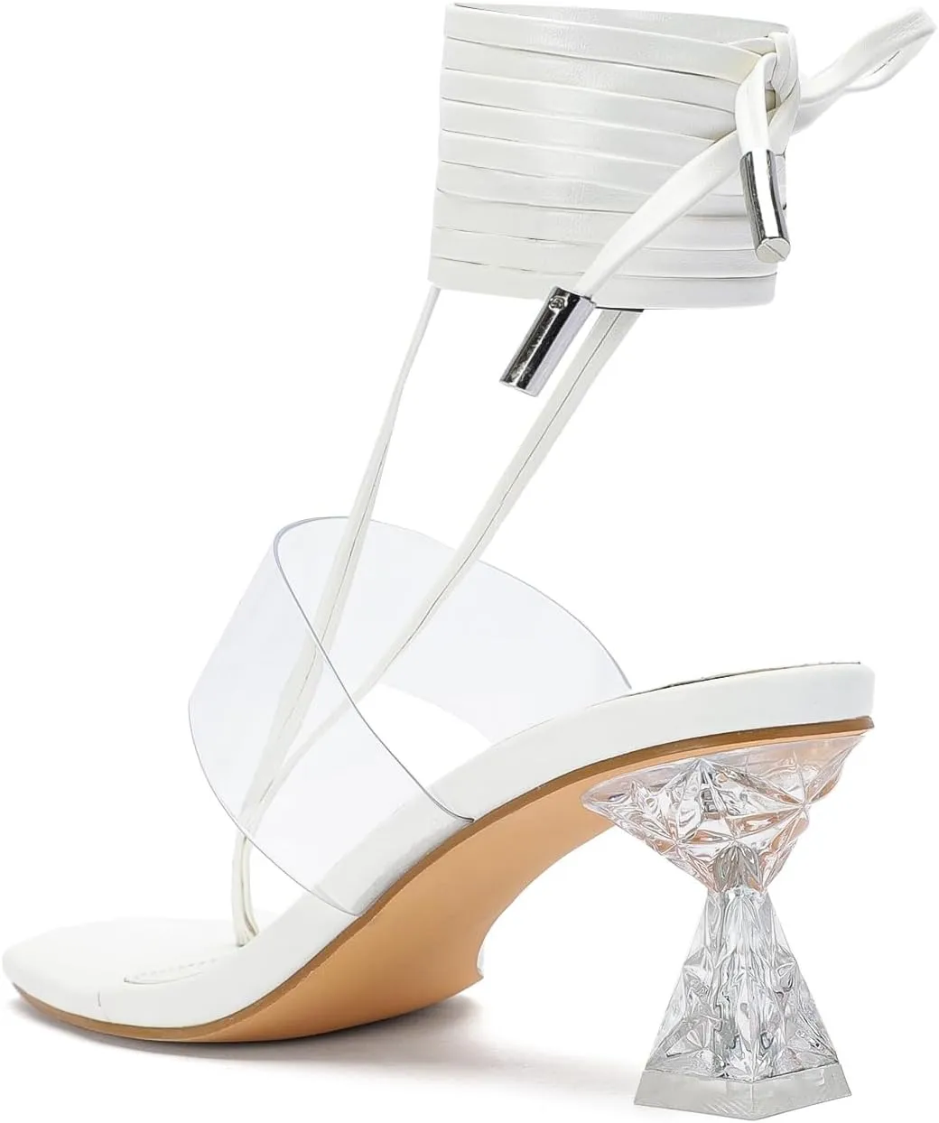 Heels for Women Square Open Toe Lace Up Thong Strappy Heel Sandals Sexy Tie Up Clear Chunky Heeled Sandals for Party Wedding