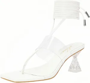 Heels for Women Square Open Toe Lace Up Thong Strappy Heel Sandals Sexy Tie Up Clear Chunky Heeled Sandals for Party Wedding