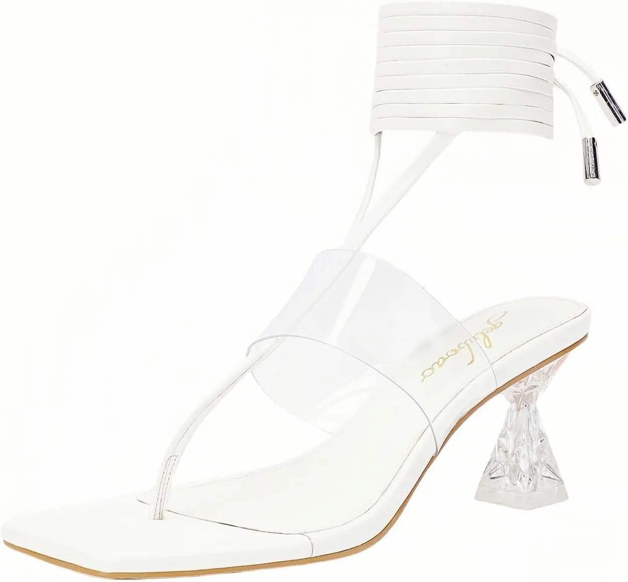 Heels for Women Square Open Toe Lace Up Thong Strappy Heel Sandals Sexy Tie Up Clear Chunky Heeled Sandals for Party Wedding