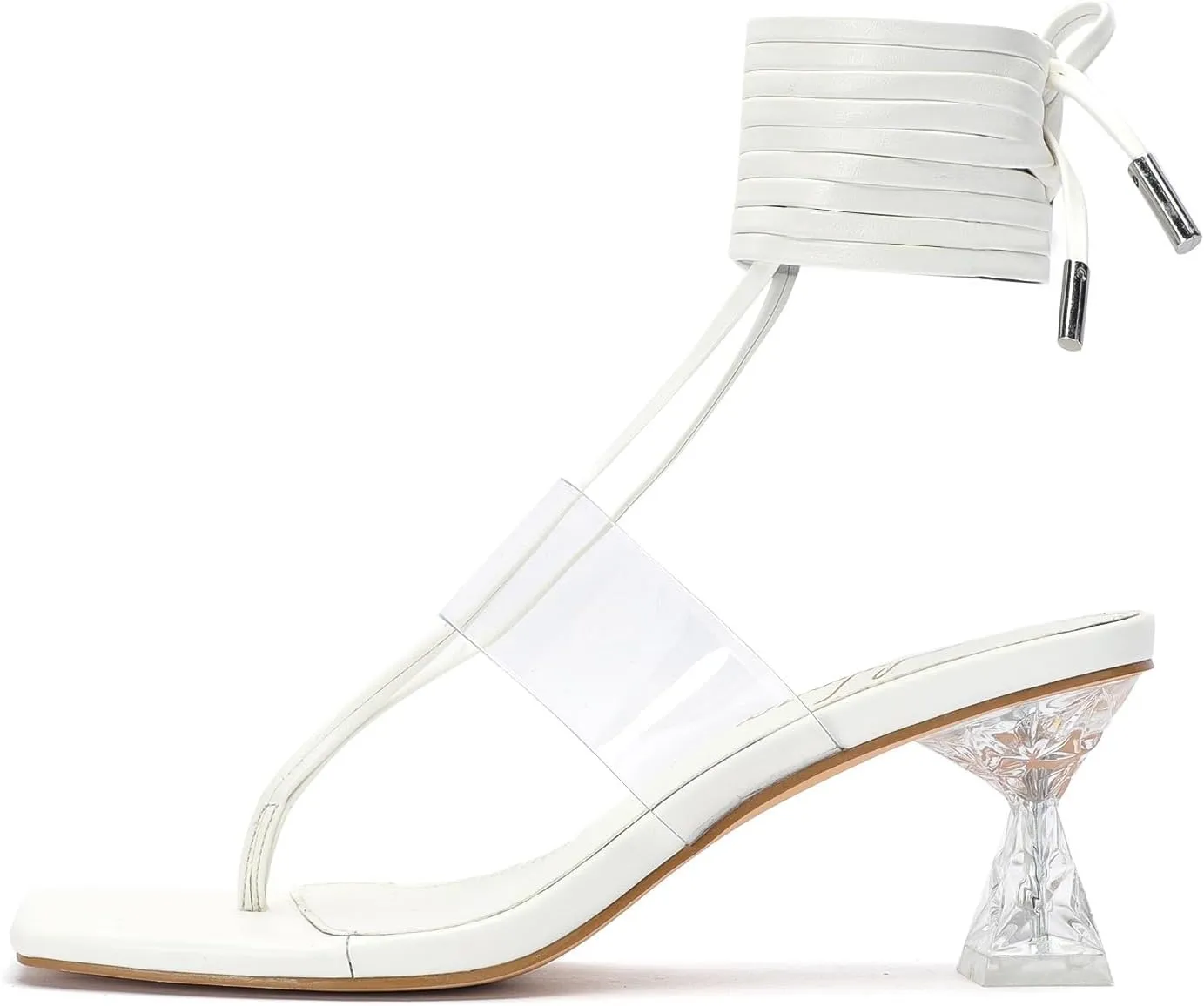 Heels for Women Square Open Toe Lace Up Thong Strappy Heel Sandals Sexy Tie Up Clear Chunky Heeled Sandals for Party Wedding
