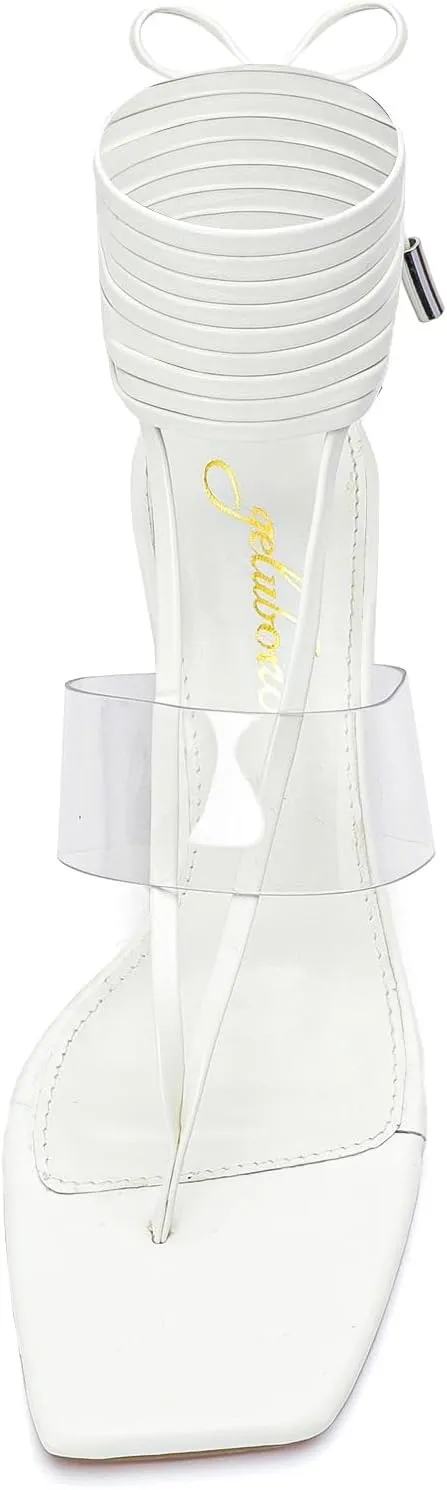 Heels for Women Square Open Toe Lace Up Thong Strappy Heel Sandals Sexy Tie Up Clear Chunky Heeled Sandals for Party Wedding