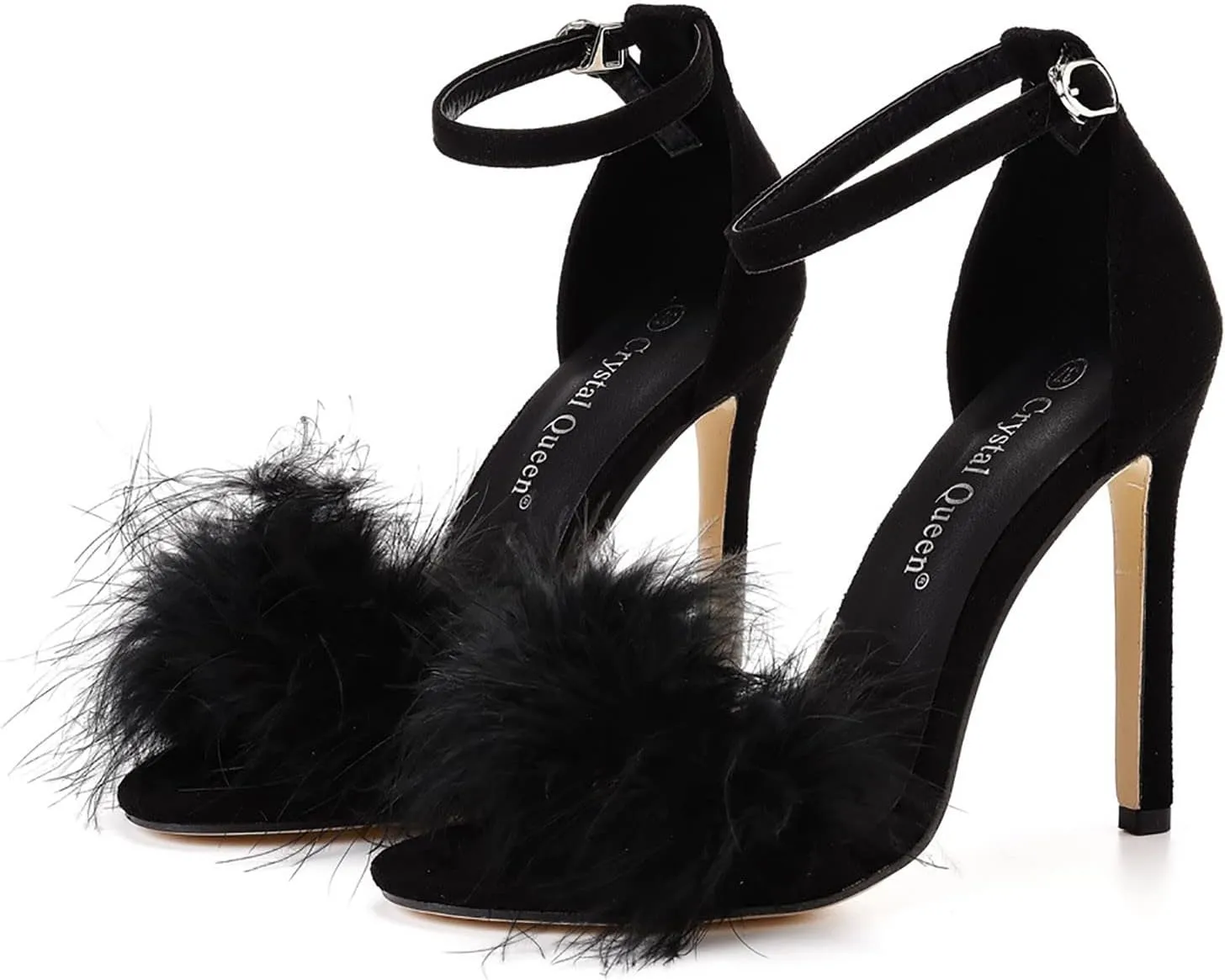High Heels for Women Open Toe Heels with Ankle Strap Feather Heels Fluffy High Heel Shoes Party Ankle Strap Stiletto