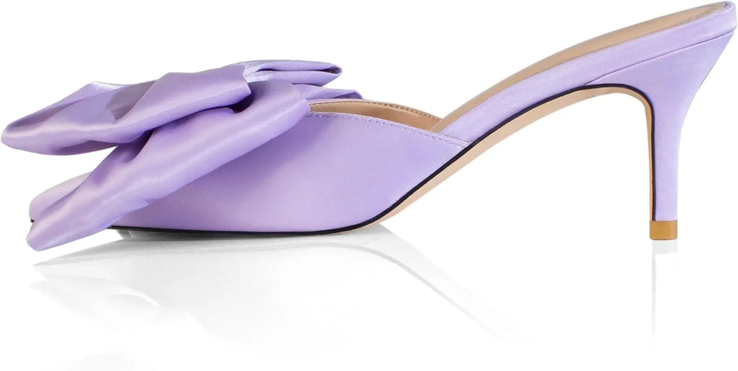 iadore Women's High Heel Sandals, 3'' Satin Closed Pointed Toe Oversized Bow Slip-on Stiletto Slippers Party Prom Casual Dress Mules
