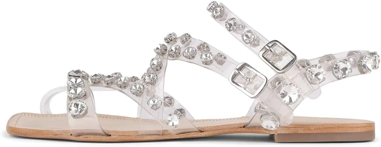 Jeffrey Campbell Calath Women Embellished Flat Sandals Clear Nude Pearl Sandals