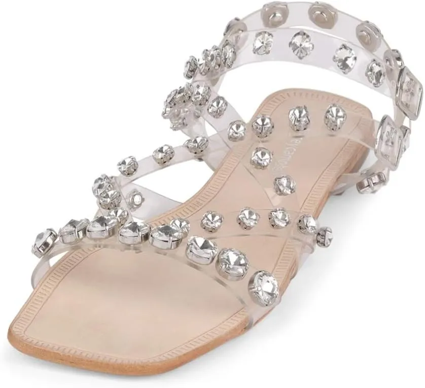 Jeffrey Campbell Calath Women Embellished Flat Sandals Clear Nude Pearl Sandals
