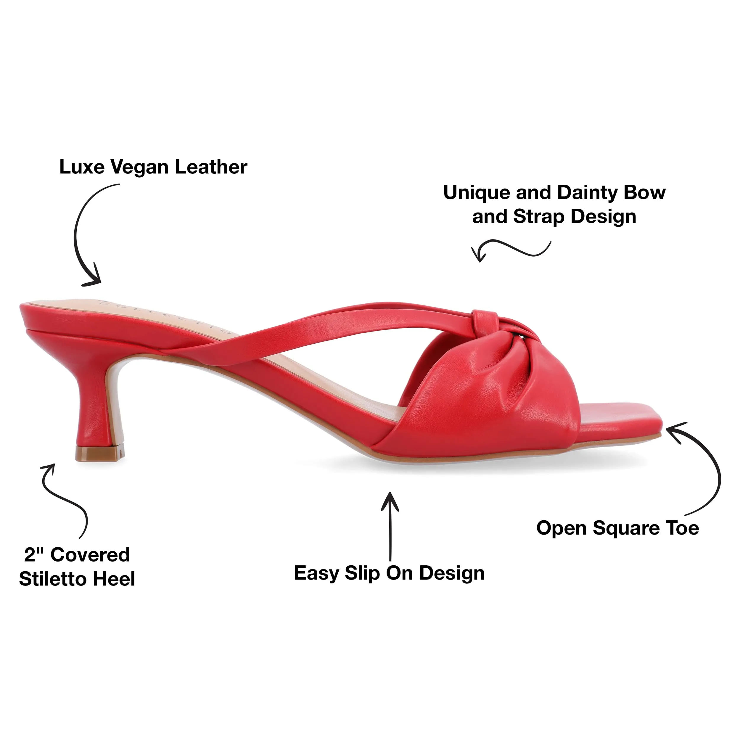 Journee Womens Strappy Bow Slip On Open Square Toe Stiletto Low Kitten Heel Padded Slide Starling Pumps Red 7.5 Medium Womens US
