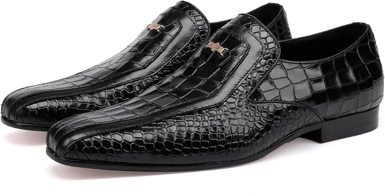 Leather Dress Shoes for Mens, Premium Alligator Printed Penny Loafers with Buckle Slip on Dress Loafer Business Wedding Shoes for Men