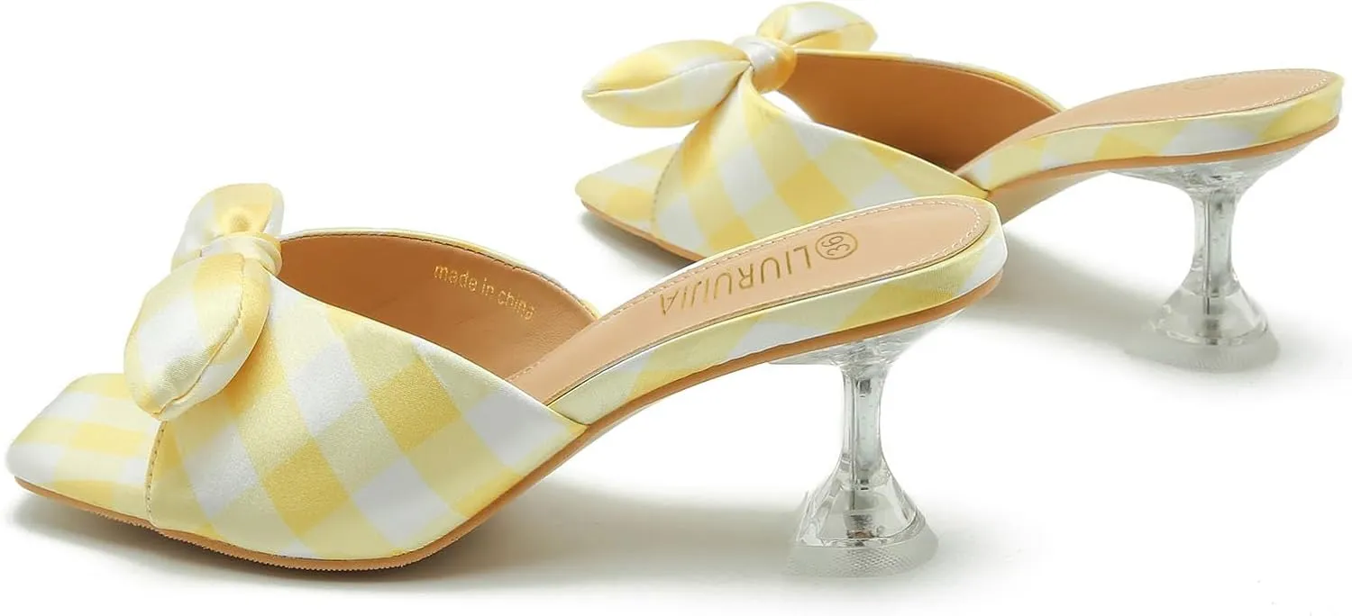 LIURUIJIA Bow Tie kitten heel sandals for women Mule Sandals Slingback Square Open Toe Low Wedding Heels Backless Slip On Slide Summer Cute Wedding Bridal Sandals Shoes