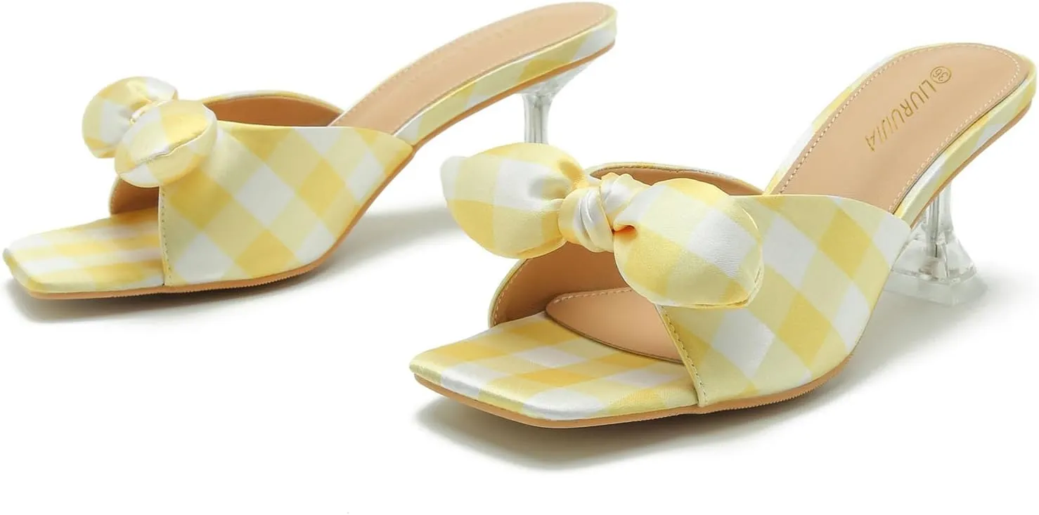 LIURUIJIA Bow Tie kitten heel sandals for women Mule Sandals Slingback Square Open Toe Low Wedding Heels Backless Slip On Slide Summer Cute Wedding Bridal Sandals Shoes