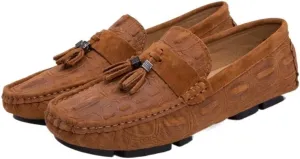 Loafer Shoes for Men Faux Crocodile Print Solid Colors Tassel Leather Flexible Flat Heel Lightweight Outdoor Slip On (Color : Light Brown, Size : 8.5)