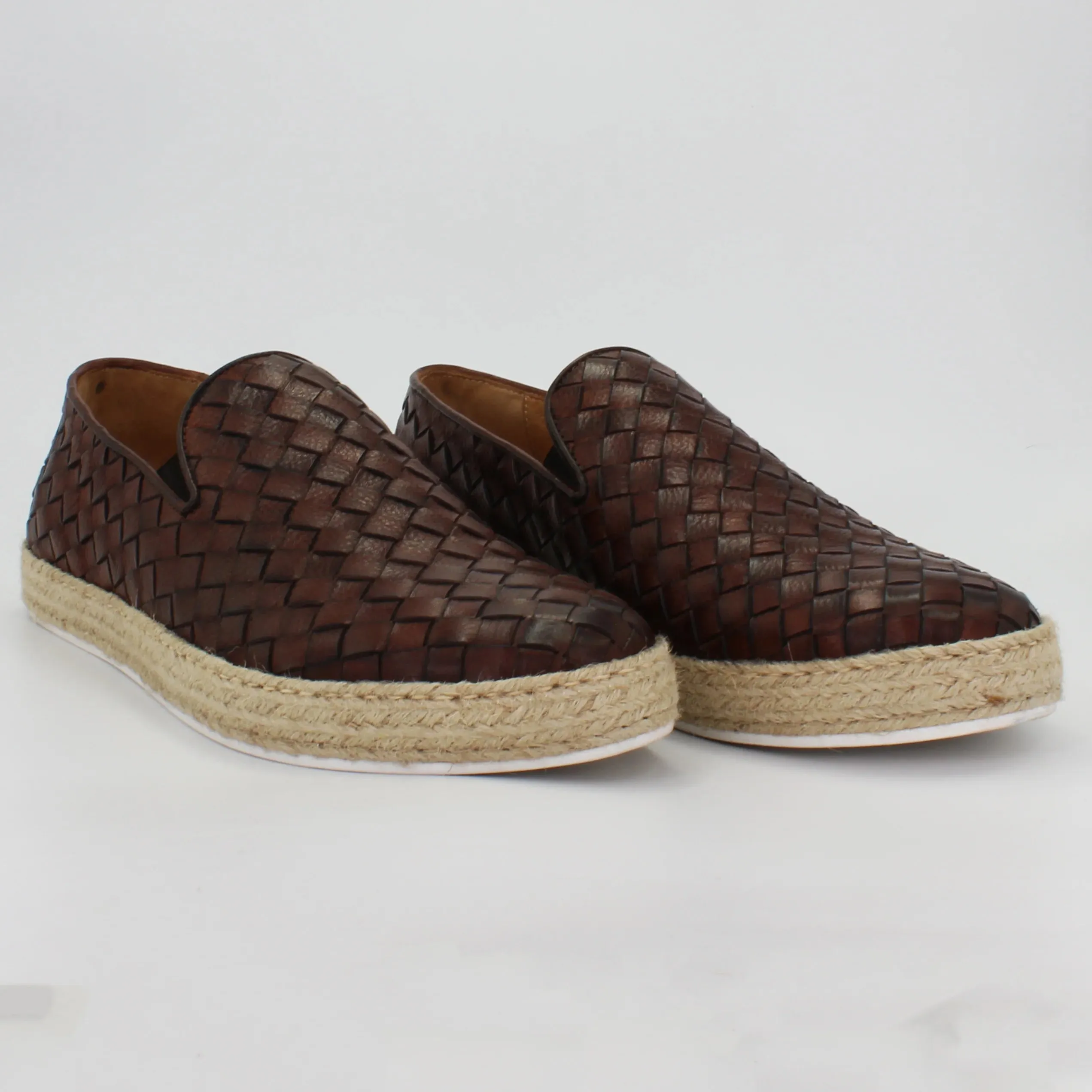 Men's slip on woven espadrille in calf leather brown (BRU11341)