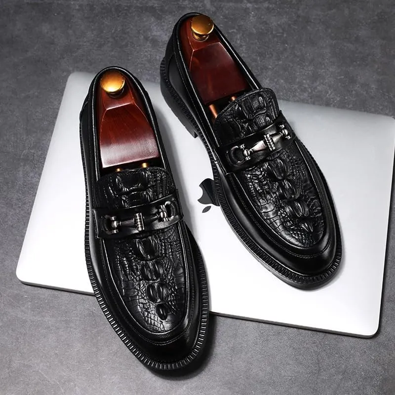 Men's Vintage Crocodile Pattern Slip On Penny Loafer Shoes Mens Genuine Leather Casual Shoes with Metal Horsebit Detail for Business Office & Casual