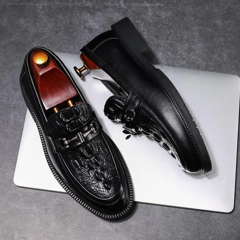 Men's Vintage Crocodile Pattern Slip On Penny Loafer Shoes Mens Genuine Leather Casual Shoes with Metal Horsebit Detail for Business Office & Casual