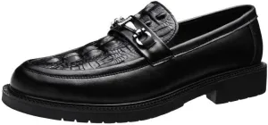 Men's Vintage Crocodile Pattern Slip On Penny Loafer Shoes Mens Genuine Leather Casual Shoes with Metal Horsebit Detail for Business Office & Casual