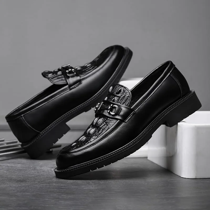 Men's Vintage Crocodile Pattern Slip On Penny Loafer Shoes Mens Genuine Leather Casual Shoes with Metal Horsebit Detail for Business Office & Casual