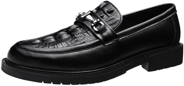 Men's Vintage Crocodile Pattern Slip On Penny Loafer Shoes Mens Genuine Leather Casual Shoes with Metal Horsebit Detail for Business Office & Casual