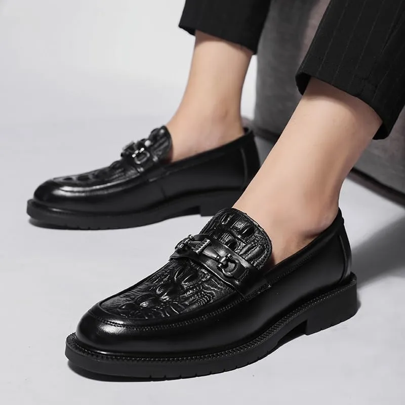 Men's Vintage Crocodile Pattern Slip On Penny Loafer Shoes Mens Genuine Leather Casual Shoes with Metal Horsebit Detail for Business Office & Casual