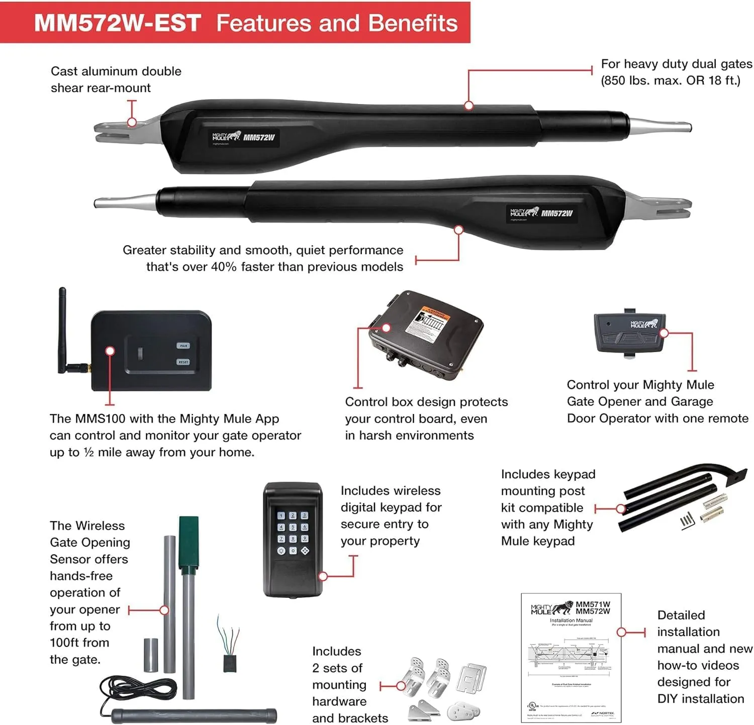 Mighty Mule MM572W-EST-A Automatic, Dual Gate Opener, Estate, Upgraded, Black