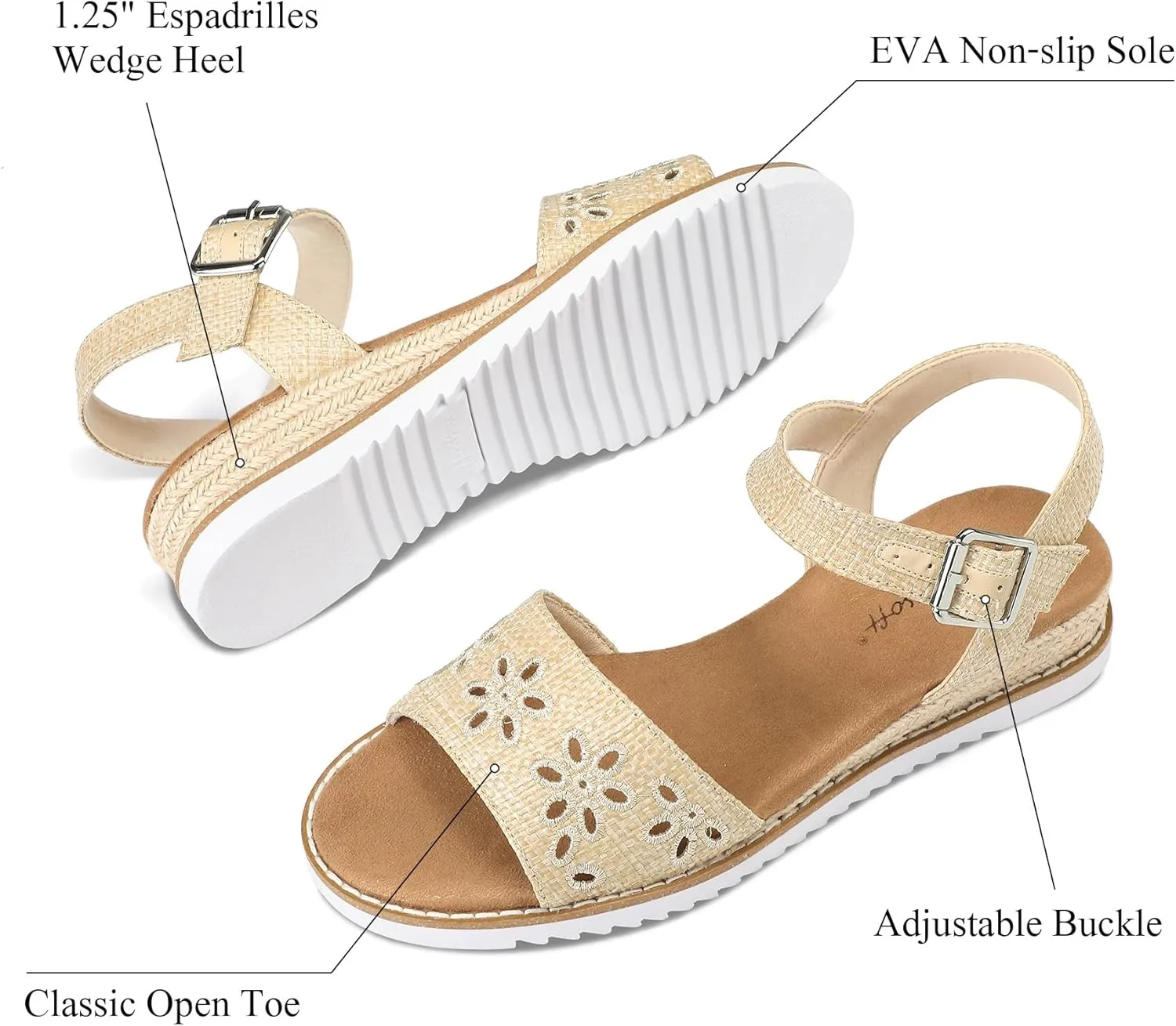 mysoft Women's Espadrilles Wedge Sandals Open Toe Ankle Strap Comfortable Casual Summer Walking Shoes