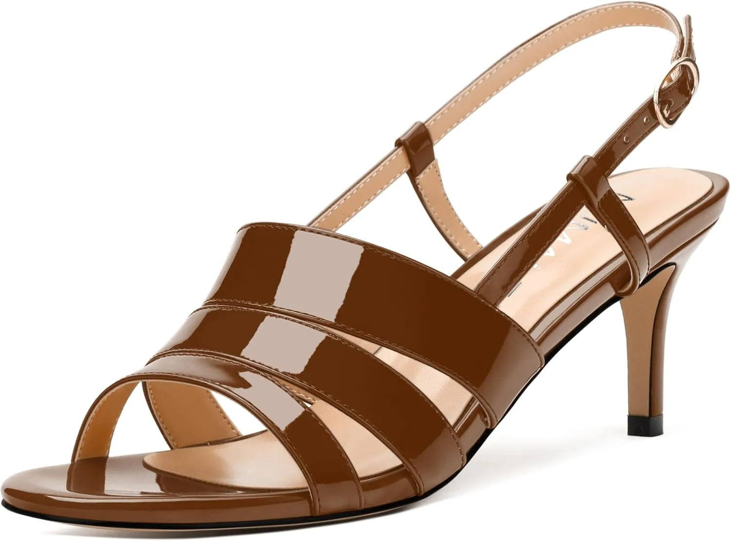 NUMALEO Women's Dressy Strappy 2.5 Inch Sandals Low Kitten Heel Open Square Toe Slingback Heels Patent Cute Dress Shoes