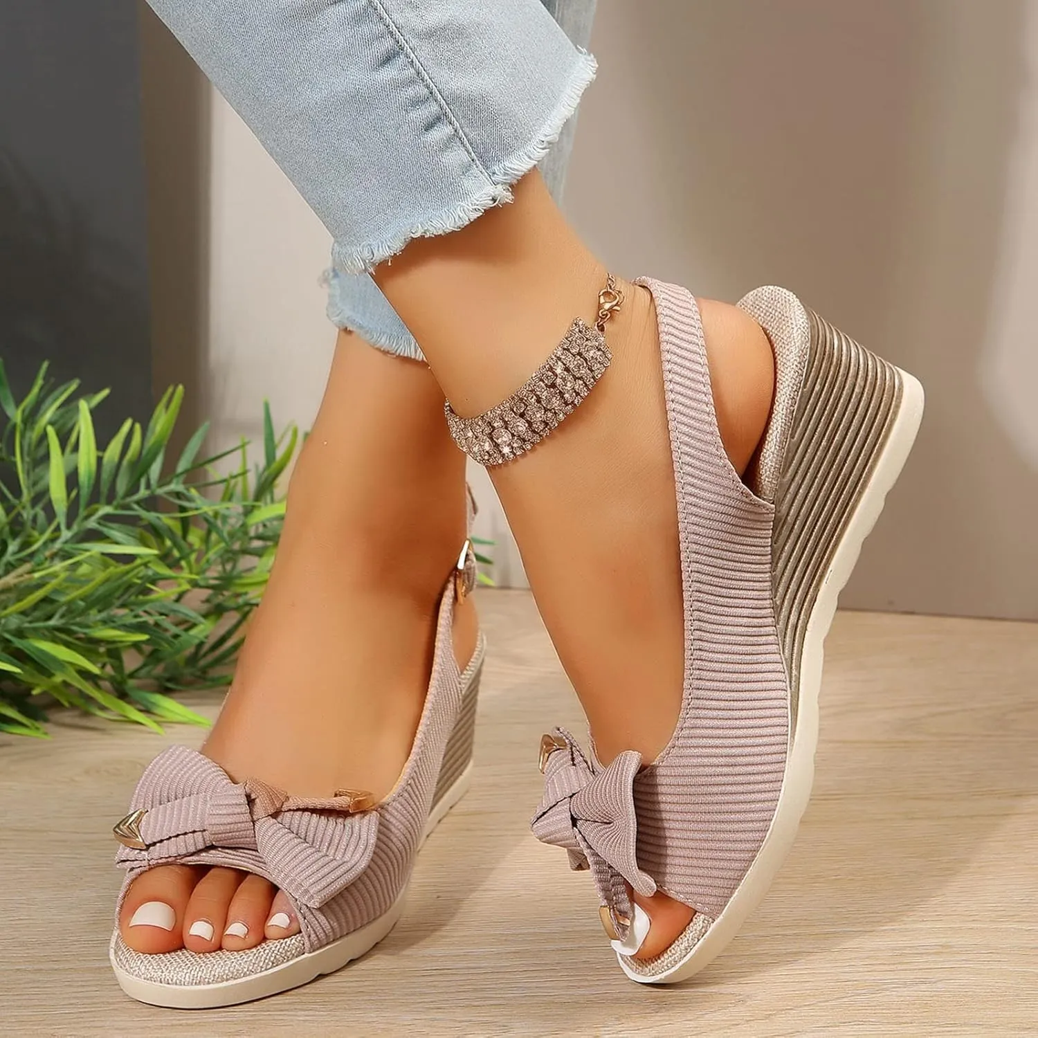Orthopedic Wedge Sandals for Women 2025 Summer Bow Tie Casual Open Toe Fish Mouth Thick Sole Ankle Strap Sandals Casual Comfortable Fashionable Backless Mules Adjustable Slide Walking Footwear