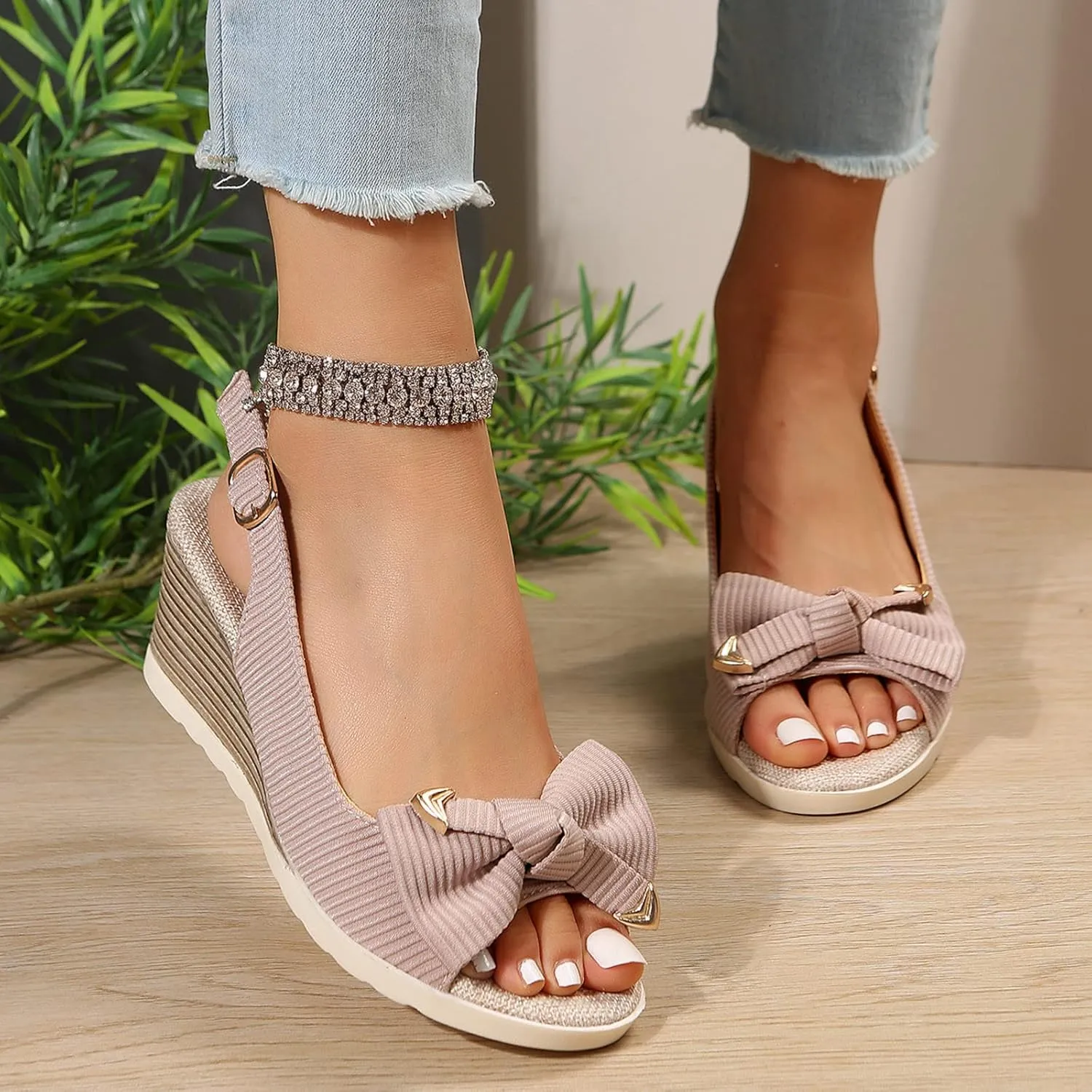 Orthopedic Wedge Sandals for Women 2025 Summer Bow Tie Casual Open Toe Fish Mouth Thick Sole Ankle Strap Sandals Casual Comfortable Fashionable Backless Mules Adjustable Slide Walking Footwear