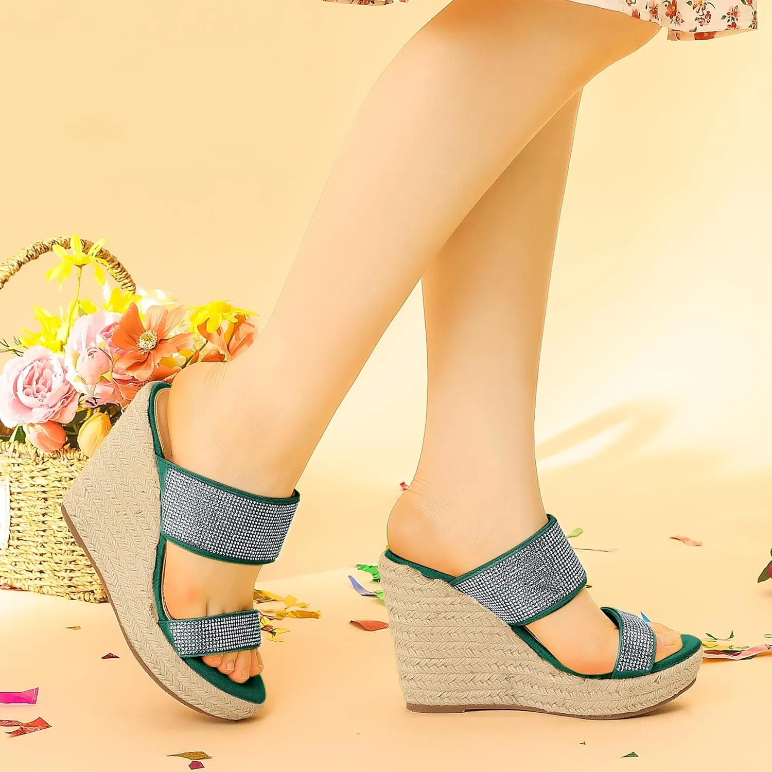 Perphy Platform Rhinestones Dual Strap Espadrille Wedge Sandals for Women
