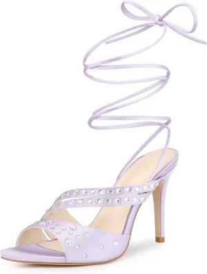 Perphy Rhinestone Satin Lace Up Stiletto Heel Sandal for Women