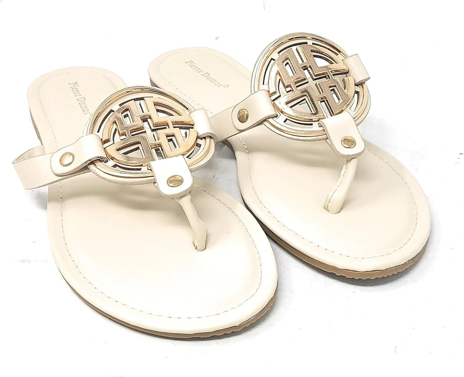 Pierre Dumas Women's Medallion Vegan Slide Thong Flip Flop Flat Sandal