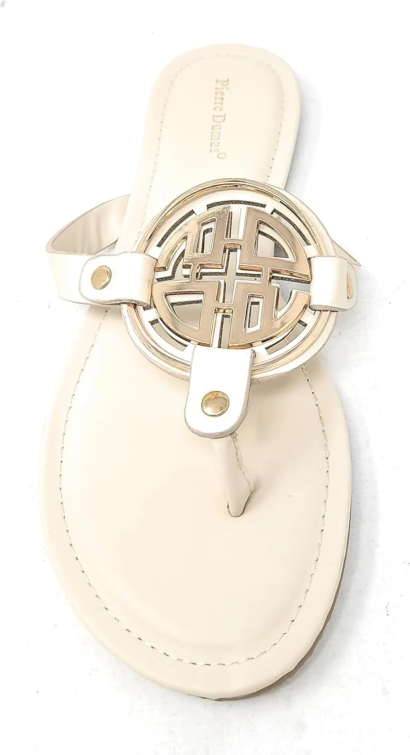 Pierre Dumas Women's Medallion Vegan Slide Thong Flip Flop Flat Sandal