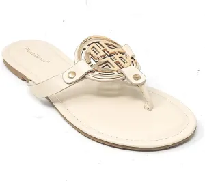 Pierre Dumas Women's Medallion Vegan Slide Thong Flip Flop Flat Sandal