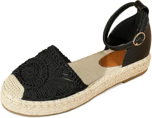 Putu Women's Closed Toe Sandals Ankle Strap Espadrille Platform Sandals Hollow Out Flat Shoes