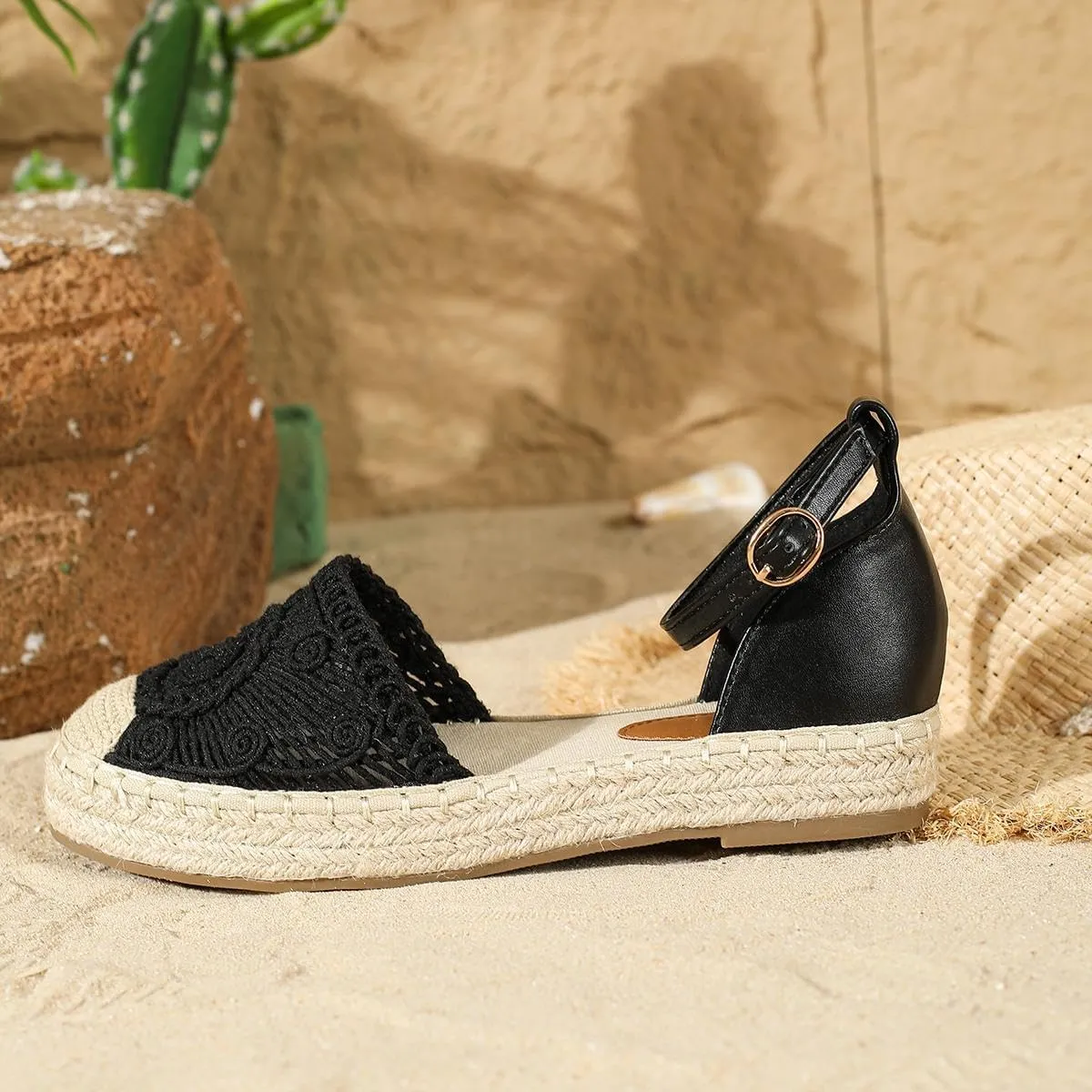 Putu Women's Closed Toe Sandals Ankle Strap Espadrille Platform Sandals Hollow Out Flat Shoes