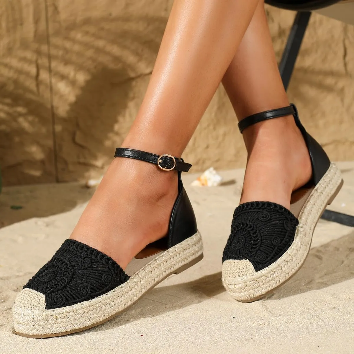 Putu Women's Closed Toe Sandals Ankle Strap Espadrille Platform Sandals Hollow Out Flat Shoes