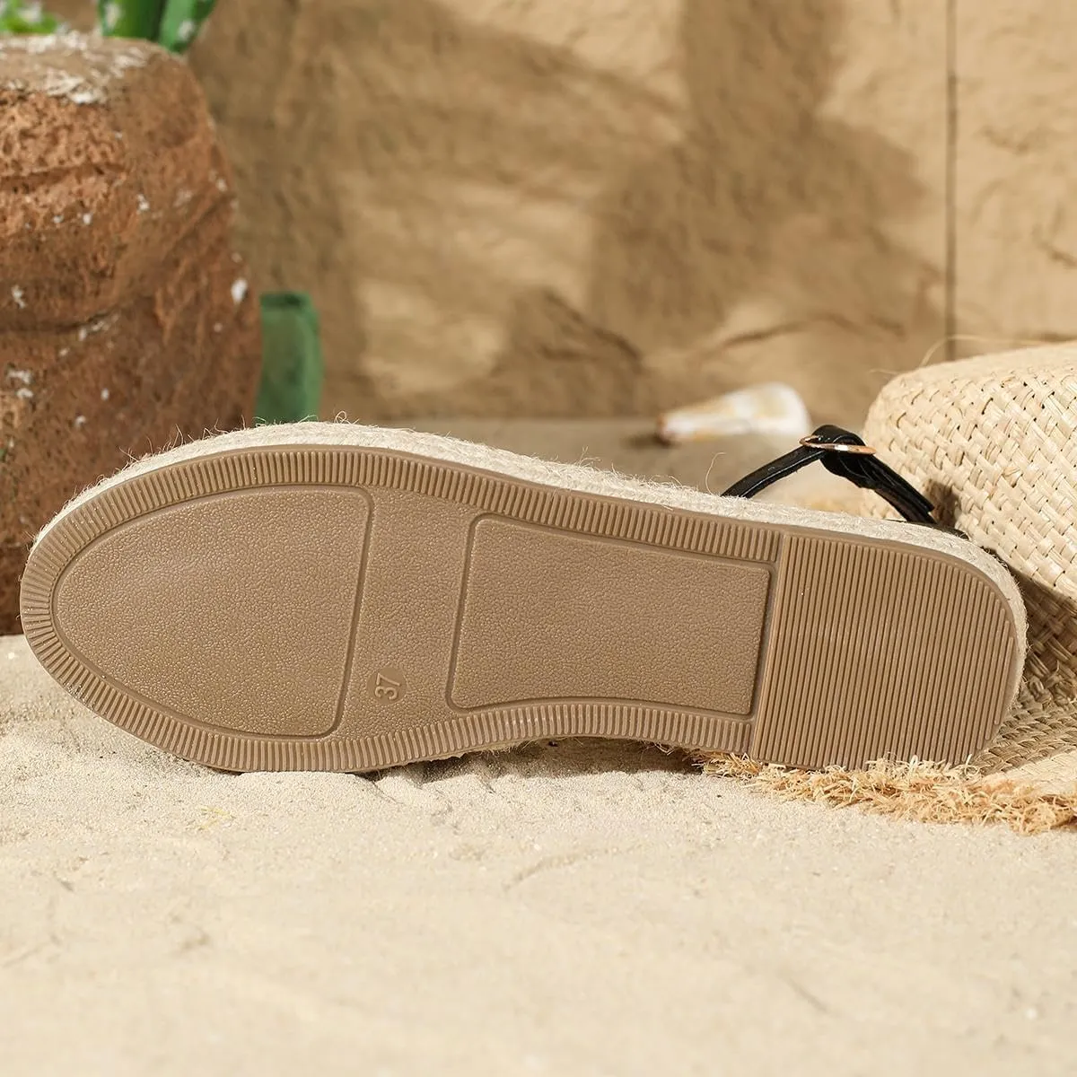 Putu Women's Closed Toe Sandals Ankle Strap Espadrille Platform Sandals Hollow Out Flat Shoes