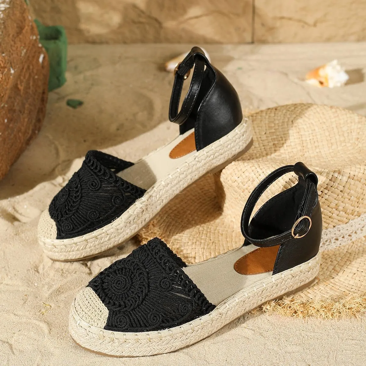 Putu Women's Closed Toe Sandals Ankle Strap Espadrille Platform Sandals Hollow Out Flat Shoes