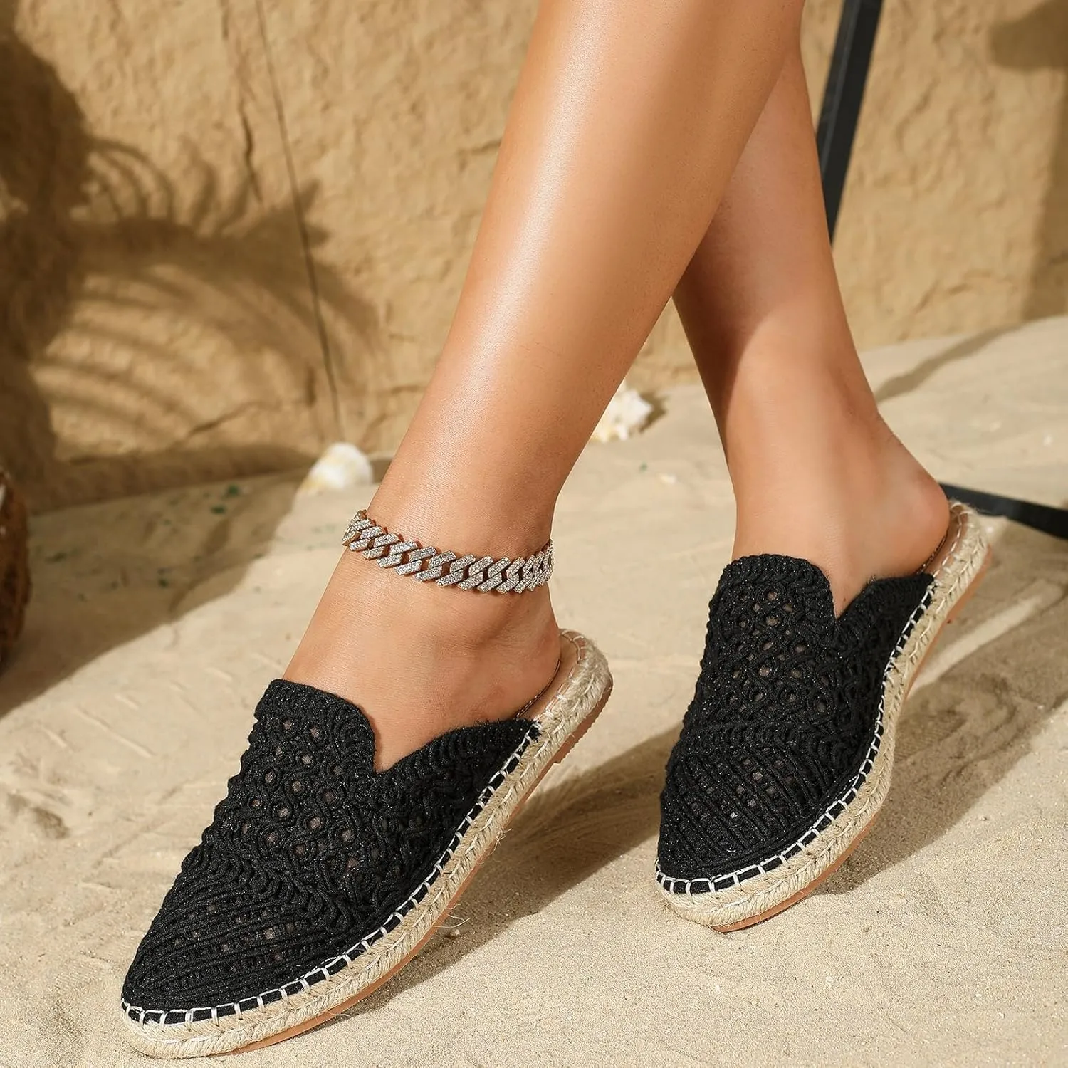 Putu Women's Espadrille Hollow Out Mules Closed Toe Slide Sandals Summer Vacation Flat Shoes