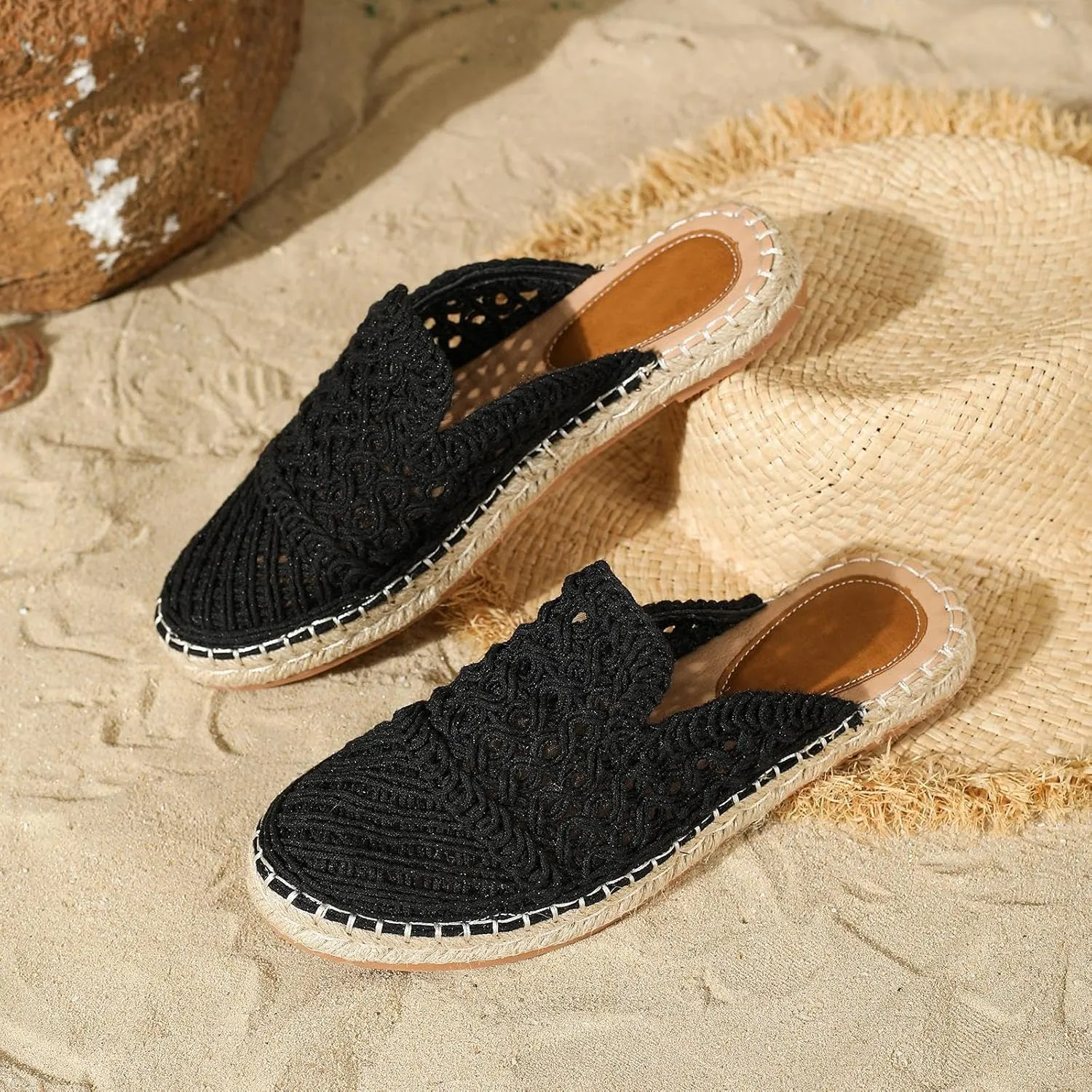 Putu Women's Espadrille Hollow Out Mules Closed Toe Slide Sandals Summer Vacation Flat Shoes