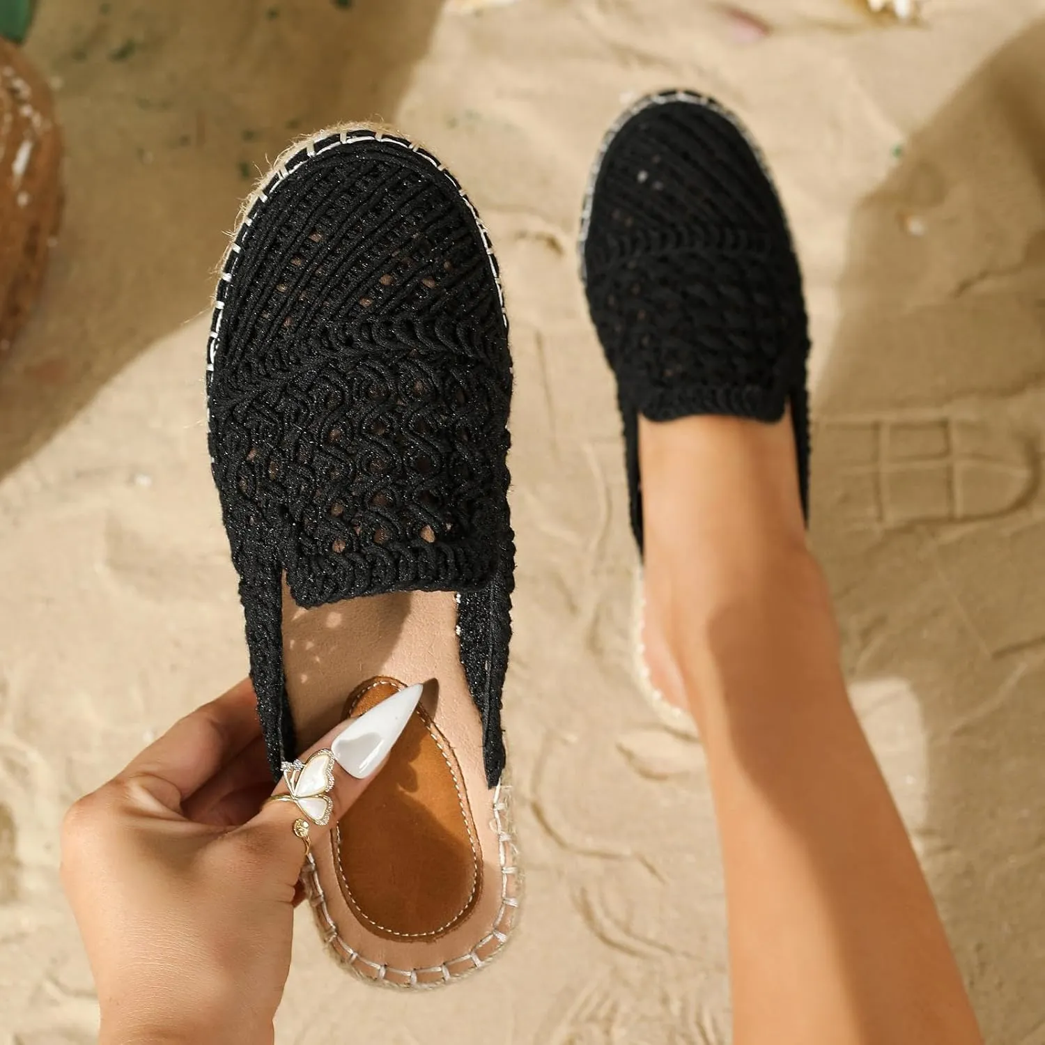 Putu Women's Espadrille Hollow Out Mules Closed Toe Slide Sandals Summer Vacation Flat Shoes