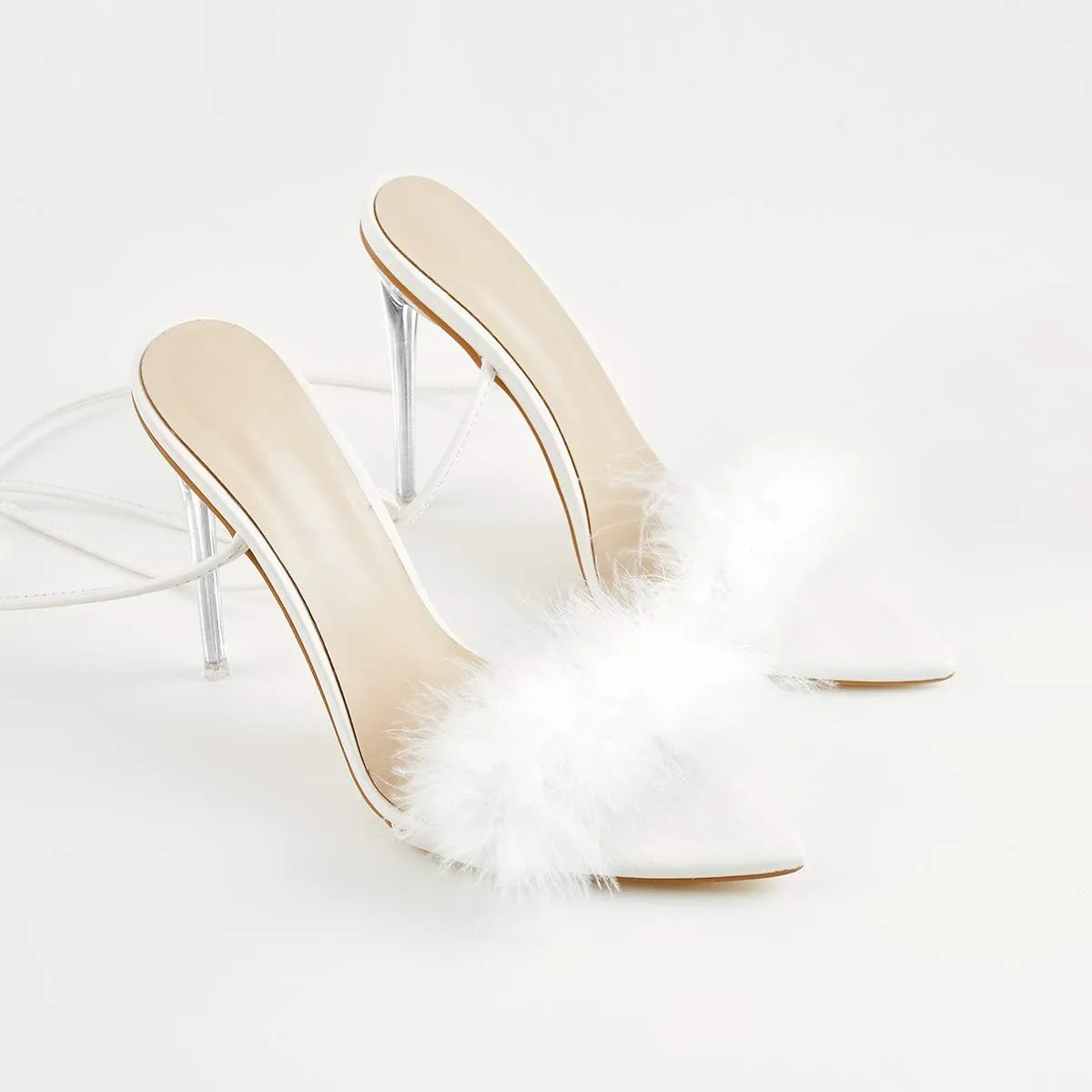 Richealnana Women's Fluffy Feather Pointed Toe Clear Heels Sandals