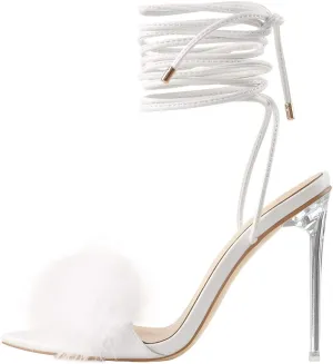 Richealnana Women's Fluffy Feather Pointed Toe Clear Heels Sandals