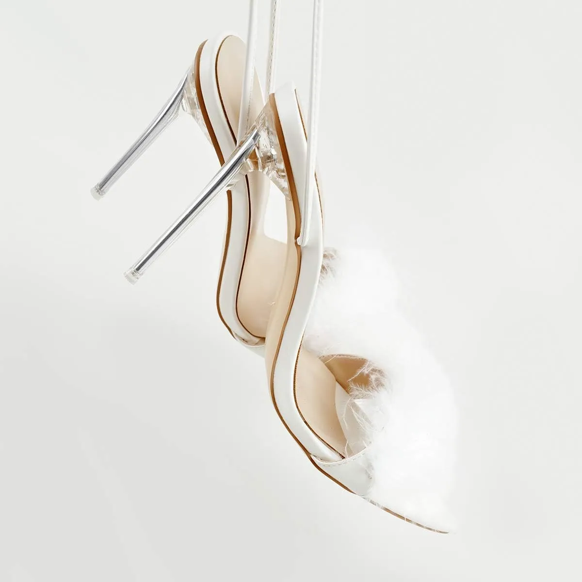 Richealnana Women's Fluffy Feather Pointed Toe Clear Heels Sandals