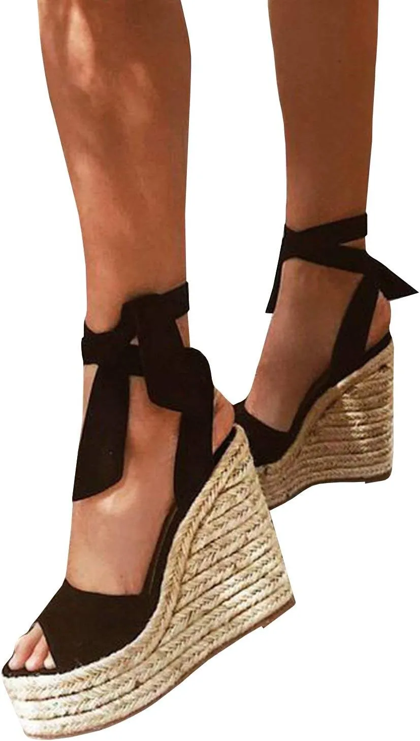 SERAIH Womens Lace up Espadrilles Platform Wedges Sandals Heels Tie Ankle Strap Summer Dress Shoes