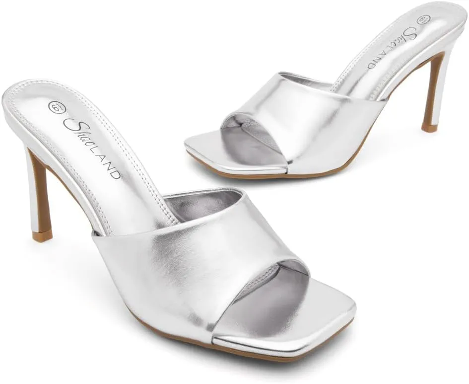 Shoe Land Melrose Women's High Heels Stiletto Heeled Slides, Square Open Toe One Band Slip-On Heeled Mules – Dressy Clear Heeled Sandals for Prom Party Wedding and Vacation