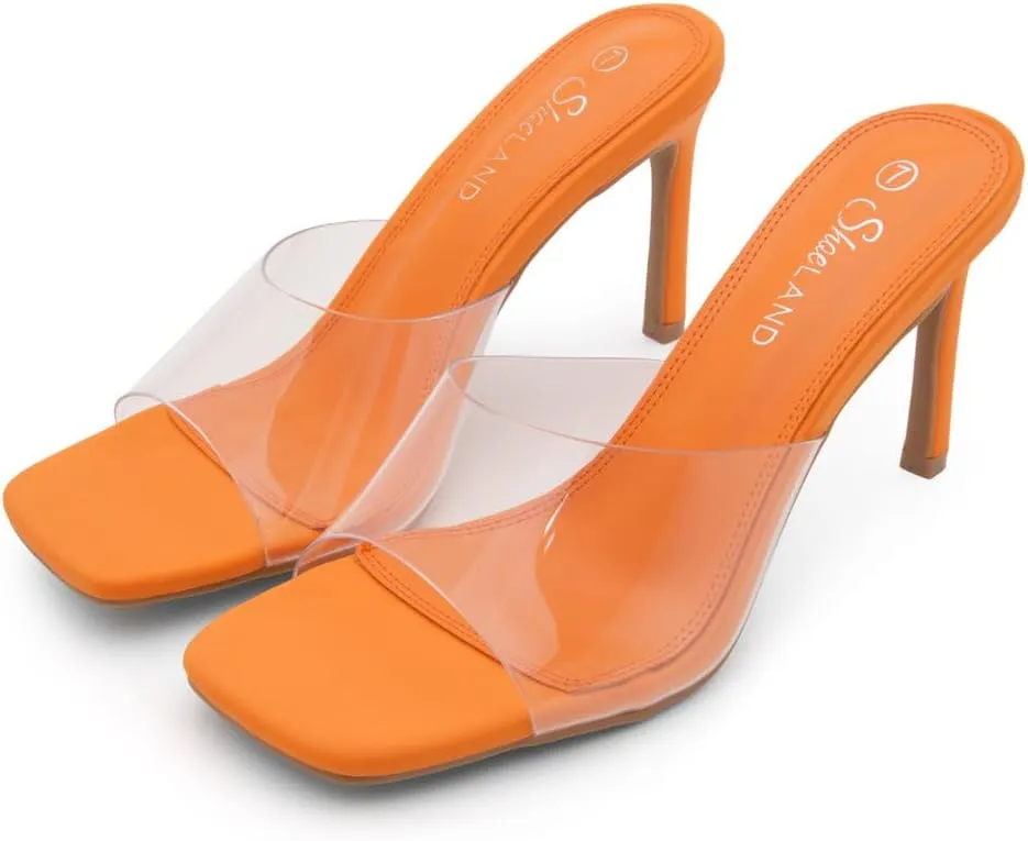 Shoe Land Melrose Women's High Heels Stiletto Heeled Slides, Square Open Toe One Band Slip-On Heeled Mules – Dressy Clear Heeled Sandals for Prom Party Wedding and Vacation
