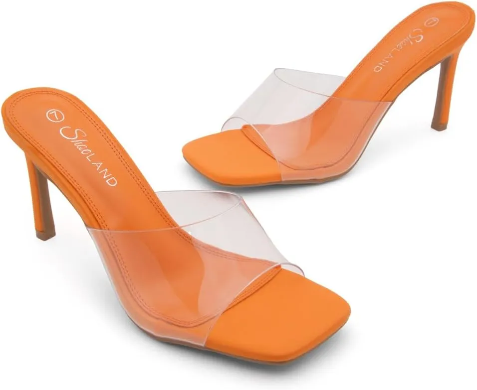 Shoe Land Melrose Women's High Heels Stiletto Heeled Slides, Square Open Toe One Band Slip-On Heeled Mules – Dressy Clear Heeled Sandals for Prom Party Wedding and Vacation