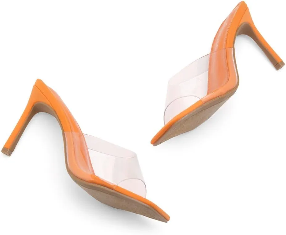 Shoe Land Melrose Women's High Heels Stiletto Heeled Slides, Square Open Toe One Band Slip-On Heeled Mules – Dressy Clear Heeled Sandals for Prom Party Wedding and Vacation