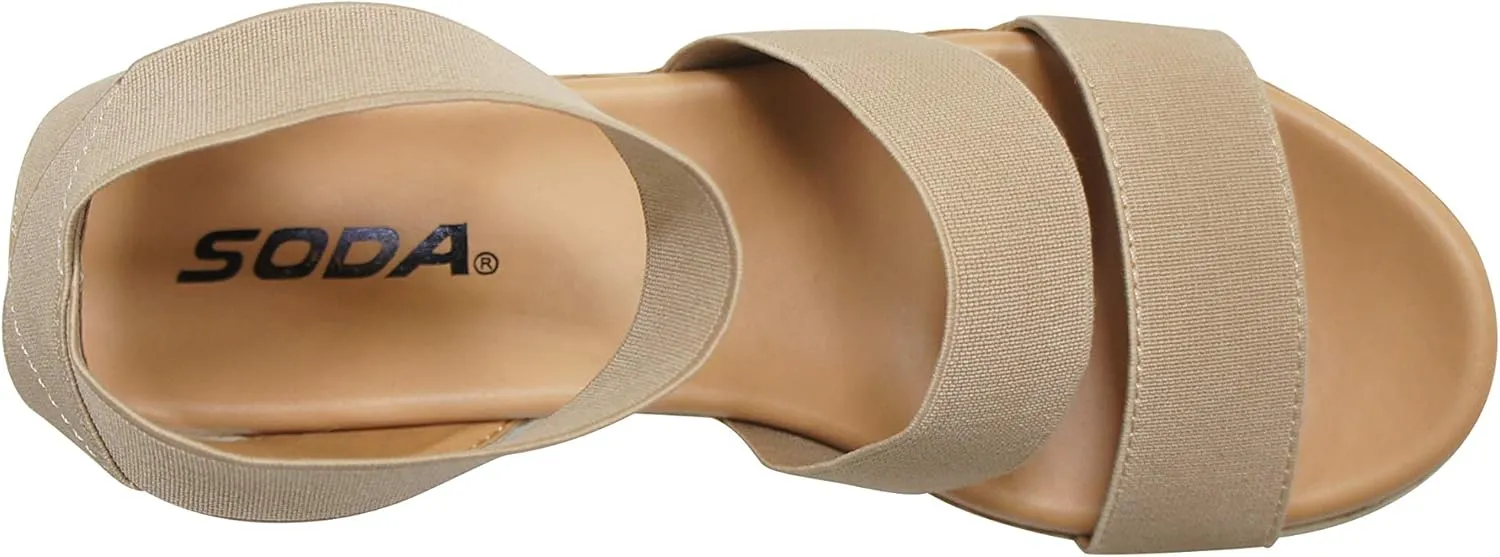 Soda Style Madyson ~ Slip On Open Toe Two Bands Elastic Ankle Strap Flatform Wedge Casual Fashion Sandal with Cork Wrap Bottom